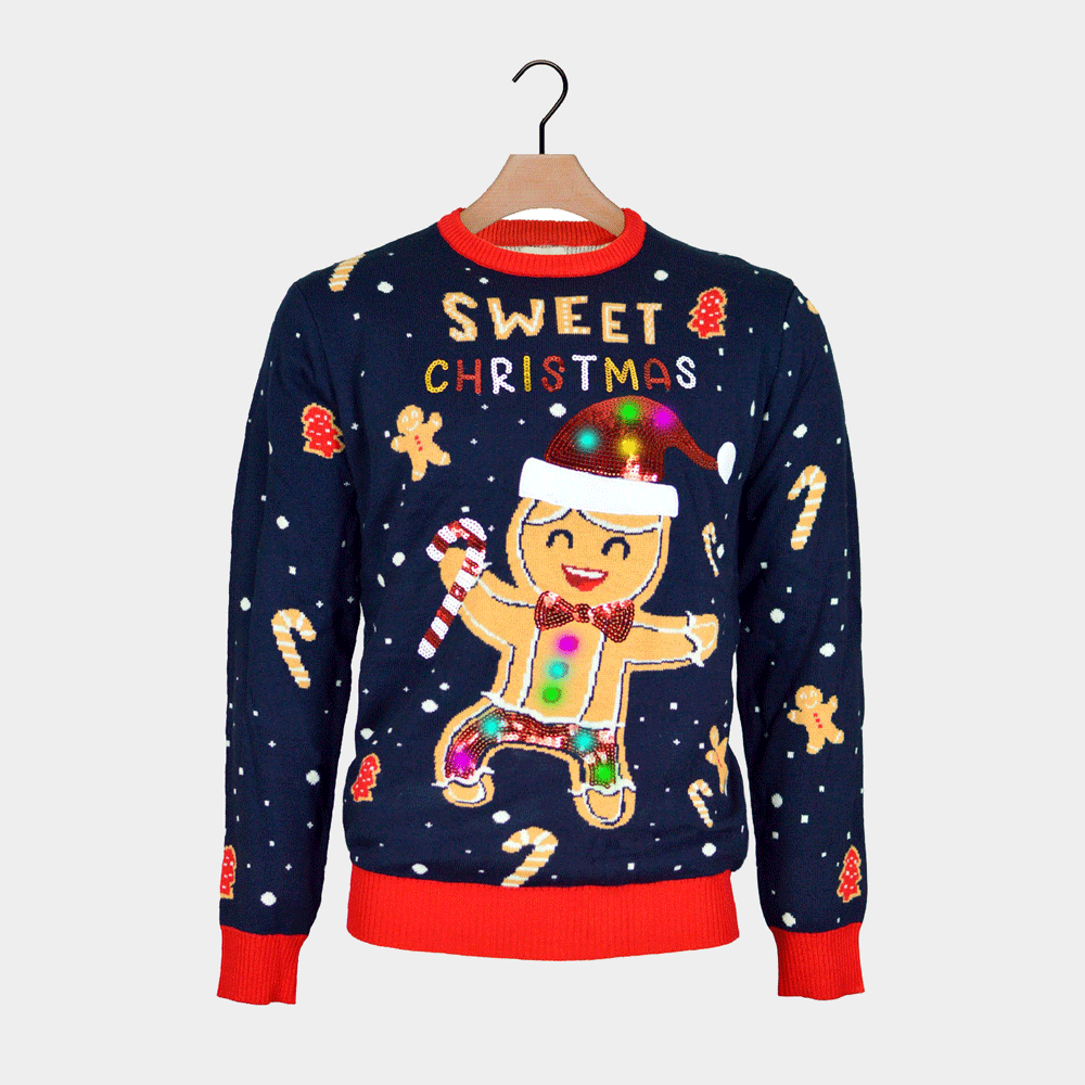 Ginger Cookie Blue LED light-up Couple's Christmas jumper