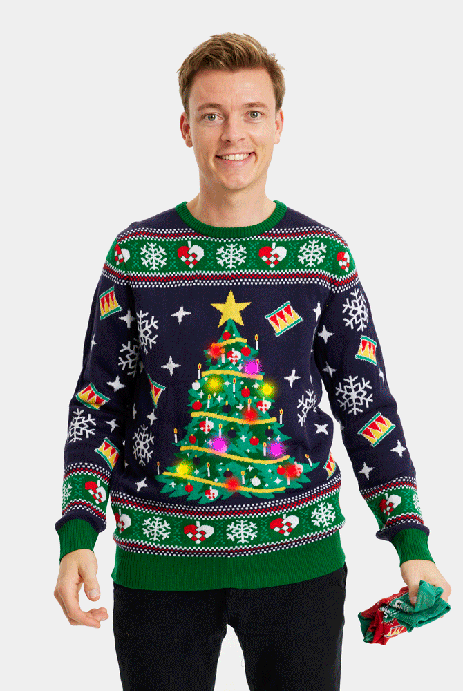 mens Blue LED light-up Couple's Christmas Jumper with Christmas Tree