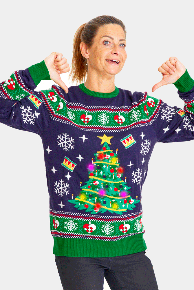 womens Blue LED light-up Couple's Christmas Jumper with Christmas Tree