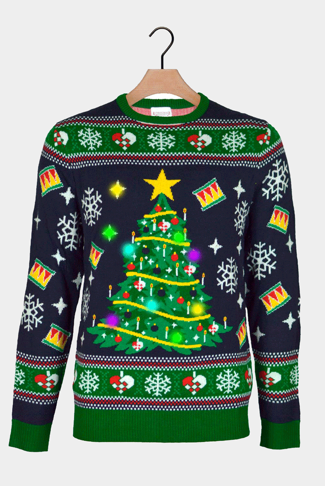 Blue LED light-up Couple's Christmas Jumper with Christmas Tree