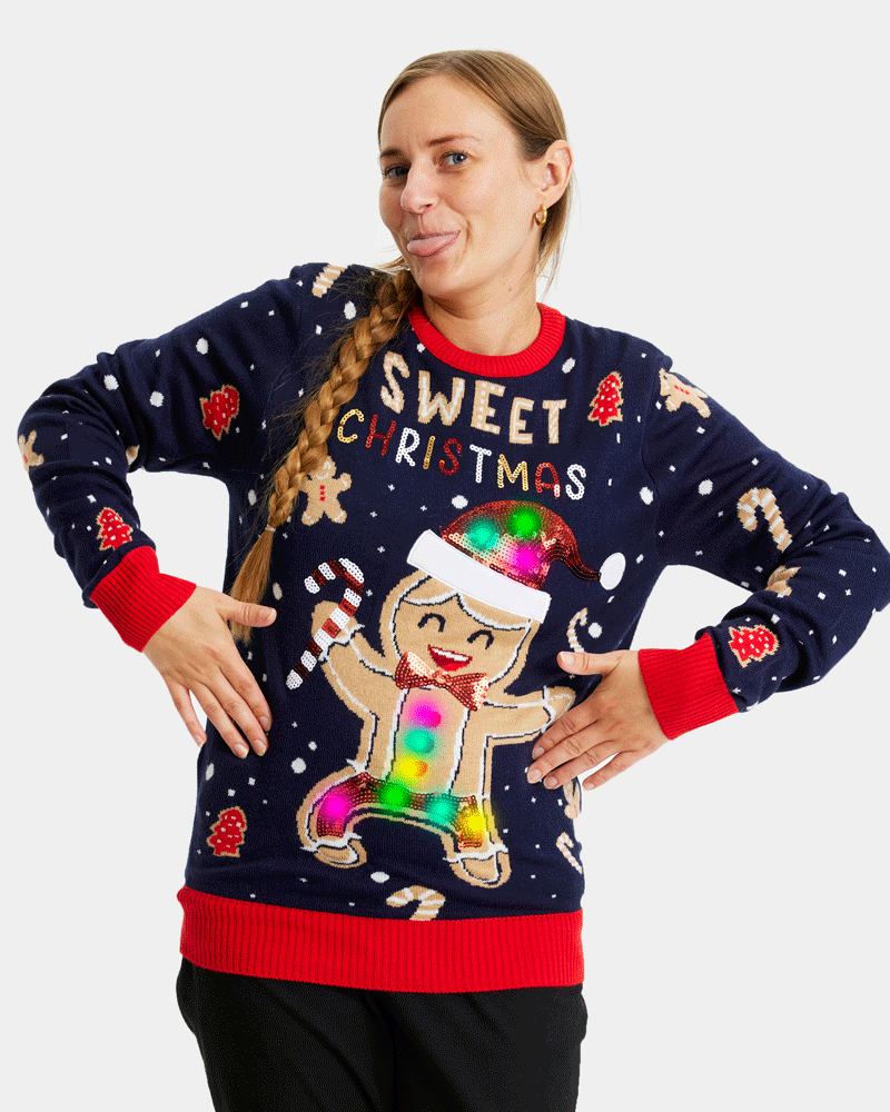 Blue LED light-up Couple's Christmas jumper Ginger Cookie womens