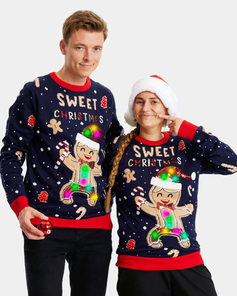 Blue LED light-up Couple's Christmas jumper Ginger Cookie