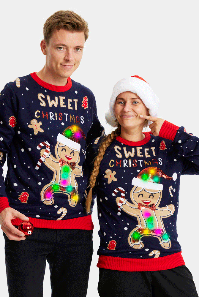 Blue LED light-up Couple's Christmas jumper Ginger Cookie
