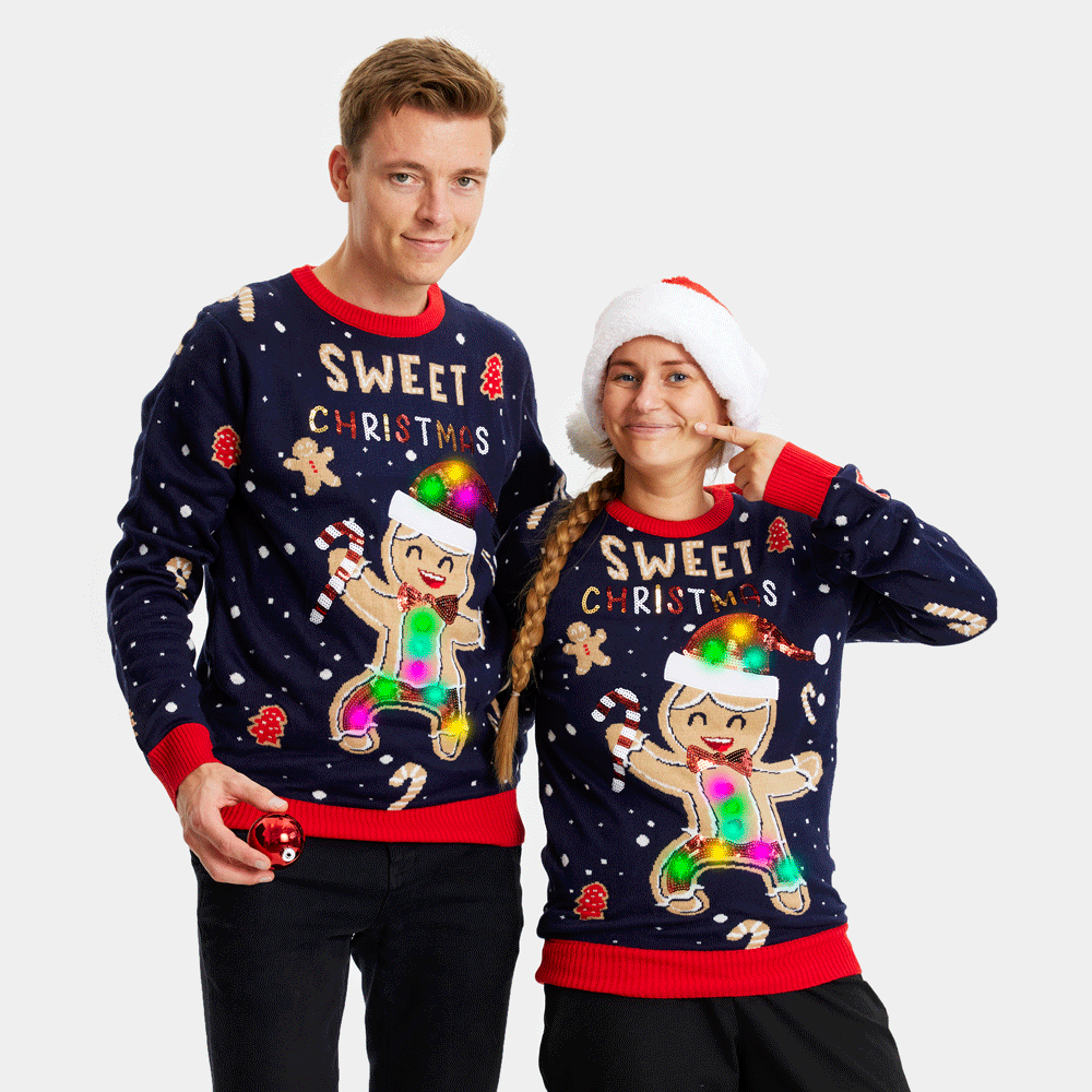Blue LED light-up Couple's Christmas jumper Ginger Cookie