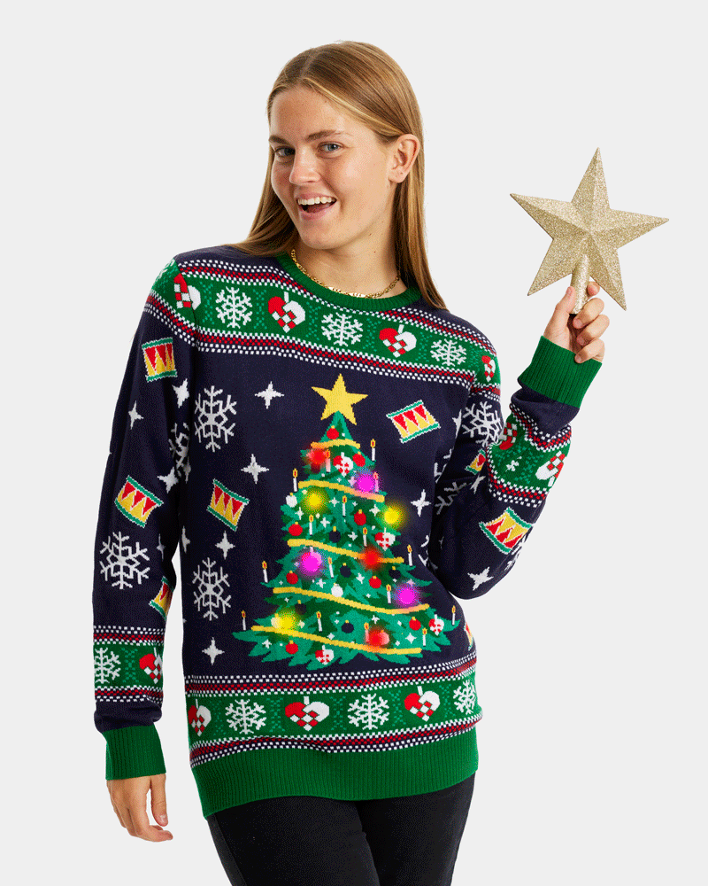 Blue LED light-up Couple's Christmas Jumper with Christmas Tree womens