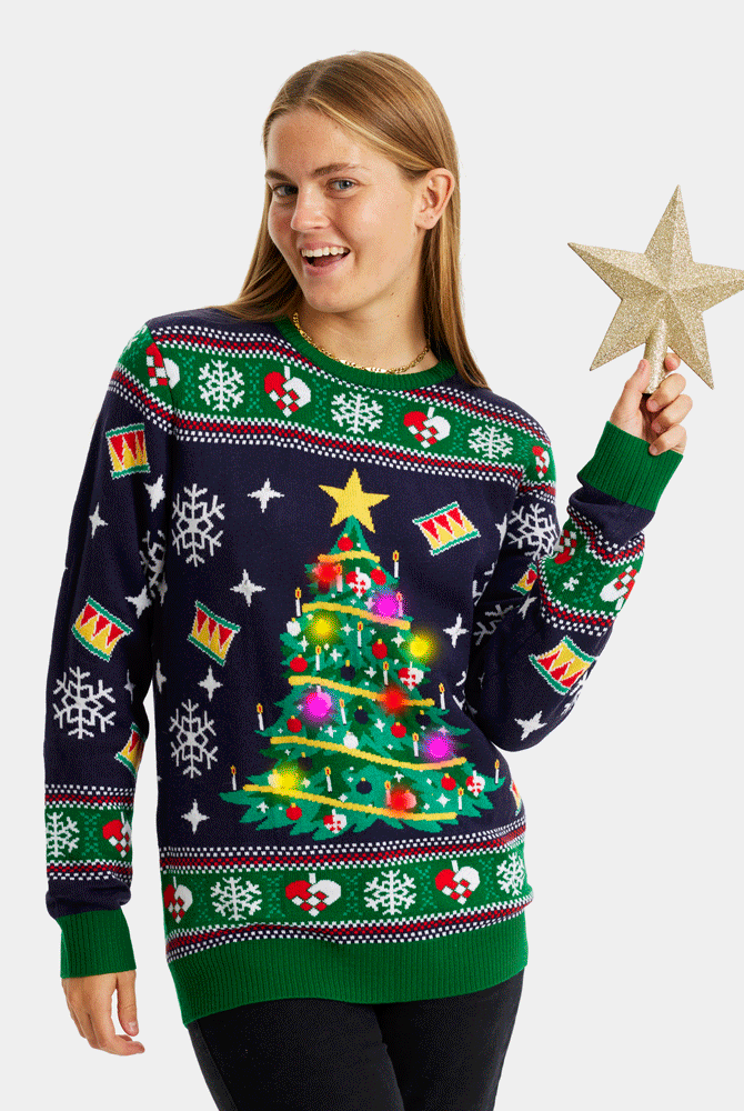 Blue LED light-up Couple's Christmas Jumper with Christmas Tree womens