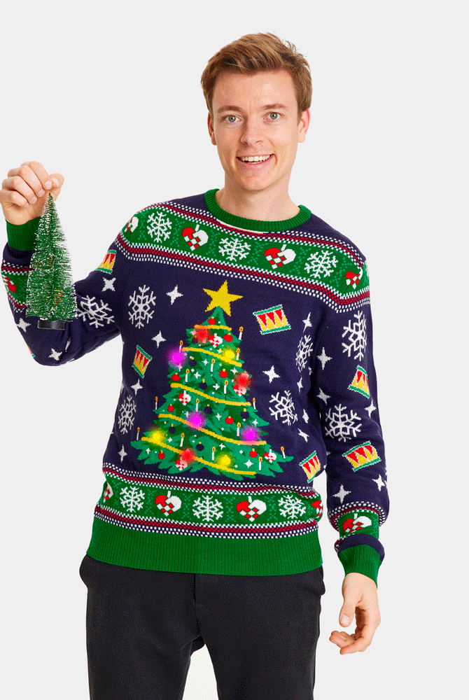 Blue LED light-up Couple's Christmas Jumper with Christmas Tree mens
