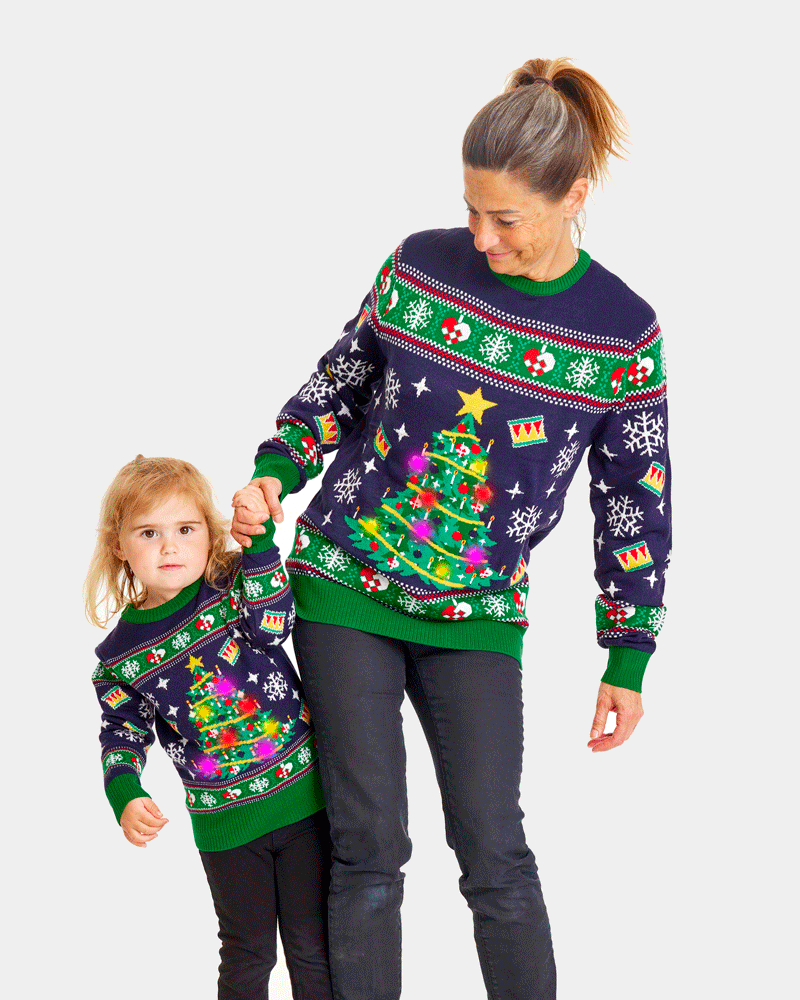 Blue LED light-up Family Womens Children Christmas with Christmas Tree