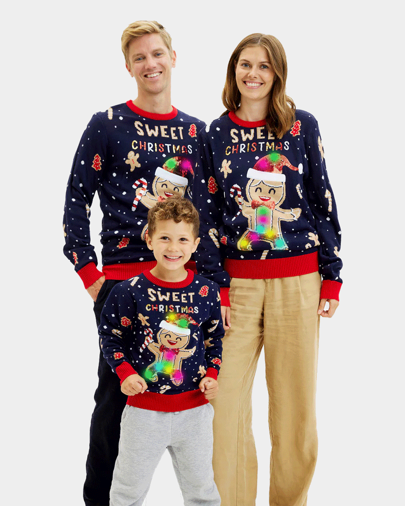 Blue LED light-up Family Christmas Jumper Ginger Cookie