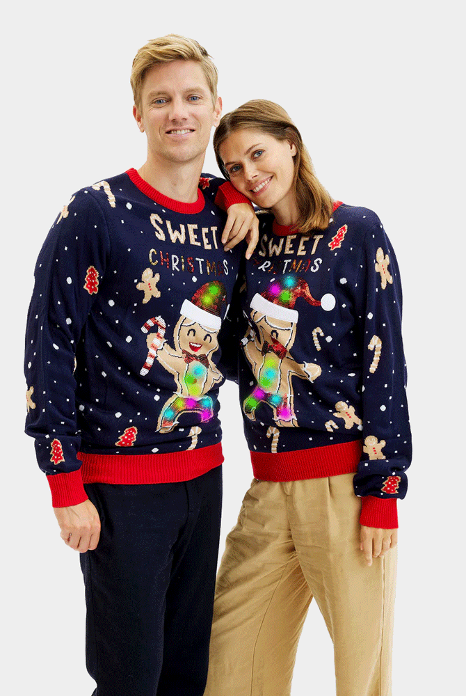 Blue LED light-up Mens Womens Christmas Jumper Ginger Cookie
