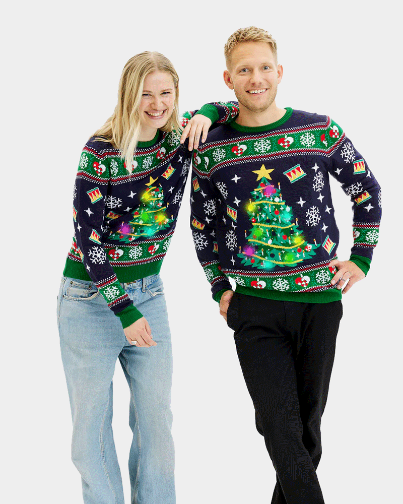Blue LED light-up Womens Mens Christmas Jumper with Christmas Tree