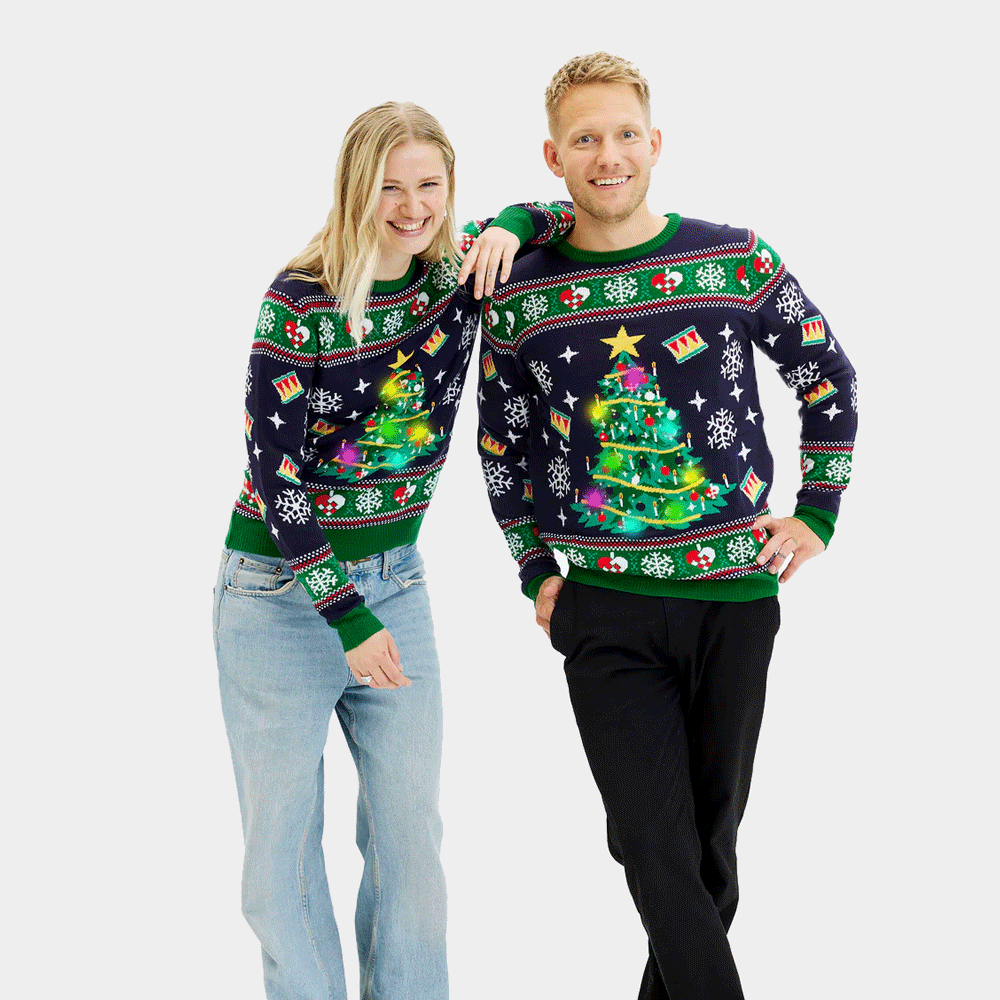 Blue LED light-up Womens Mens Christmas Jumper with Christmas Tree
