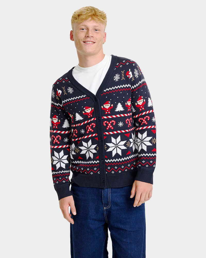 Blue Mens Cardigan Christmas Jumper with Polar Stars