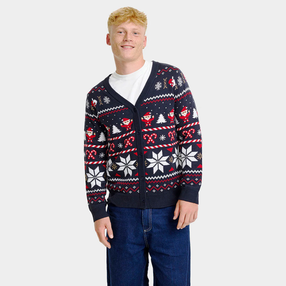 Blue Mens Cardigan Christmas Jumper with Polar Stars