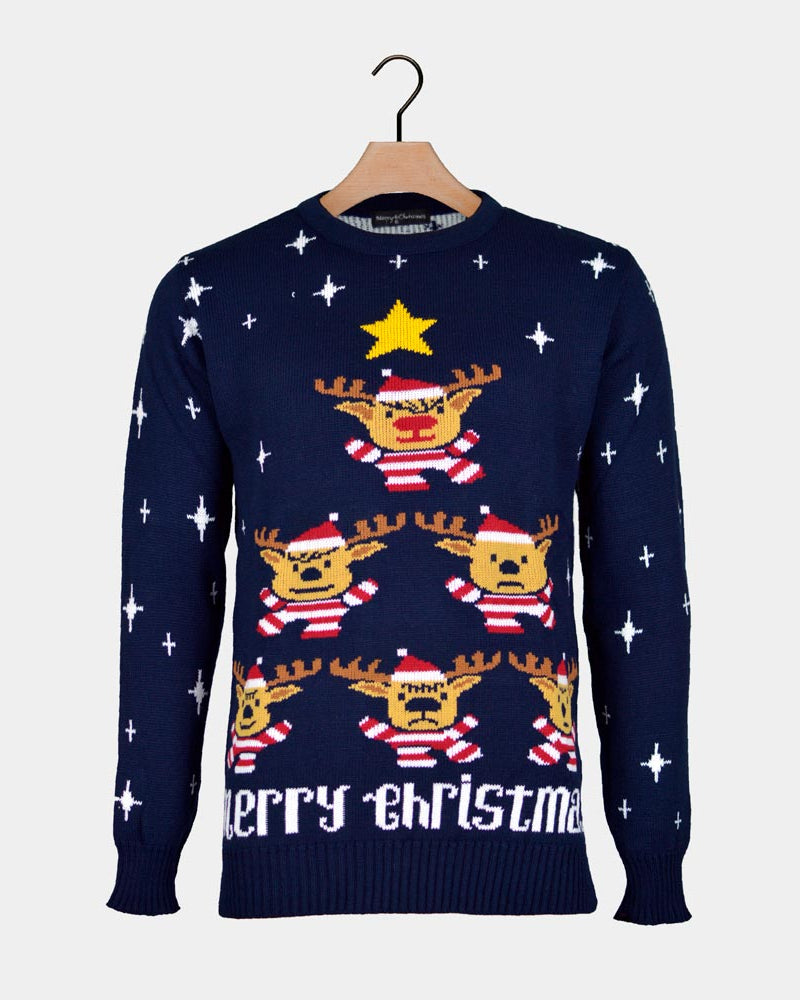 Blue Men's Christmas Jumper with Reindeers, Christmas Tree and Star