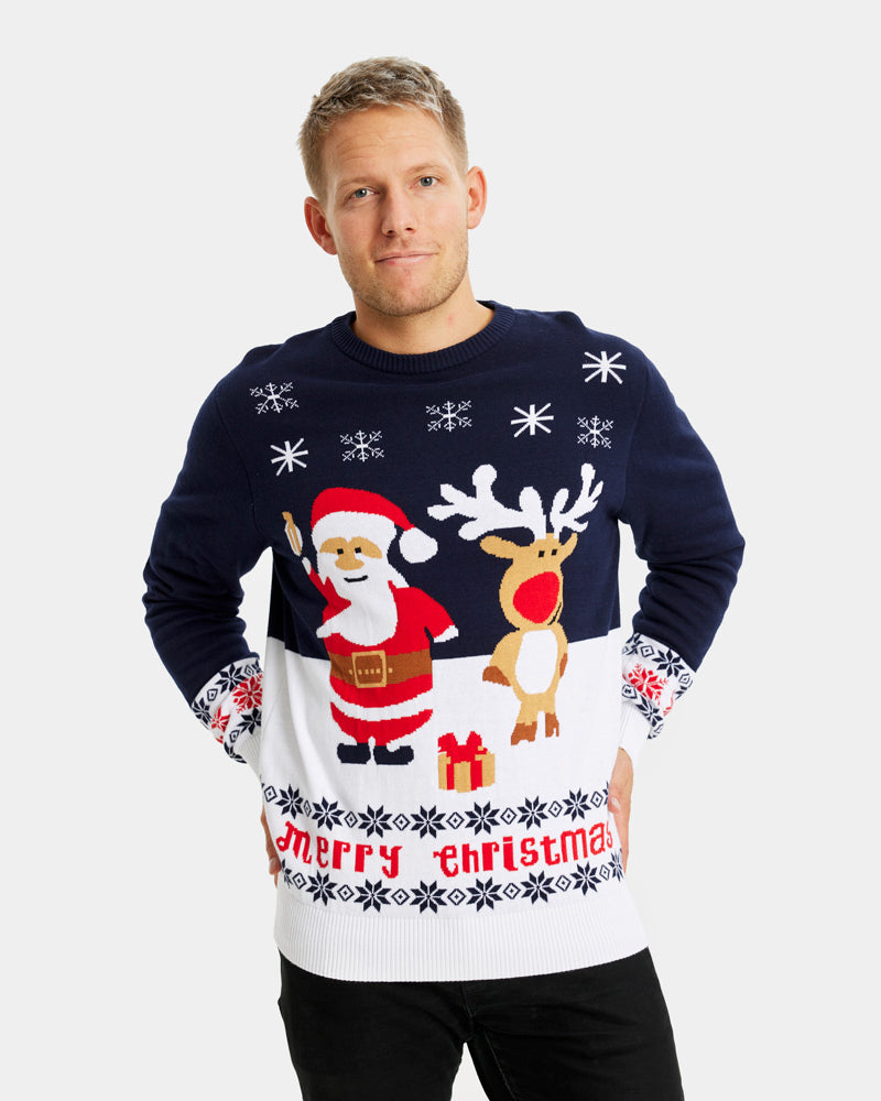 Blue Men's Christmas Jumper with Santa and Rudolph