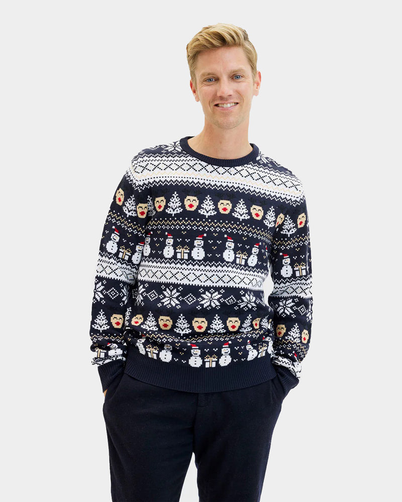 Blue Mens Christmas Jumper with Snowmen and Trees