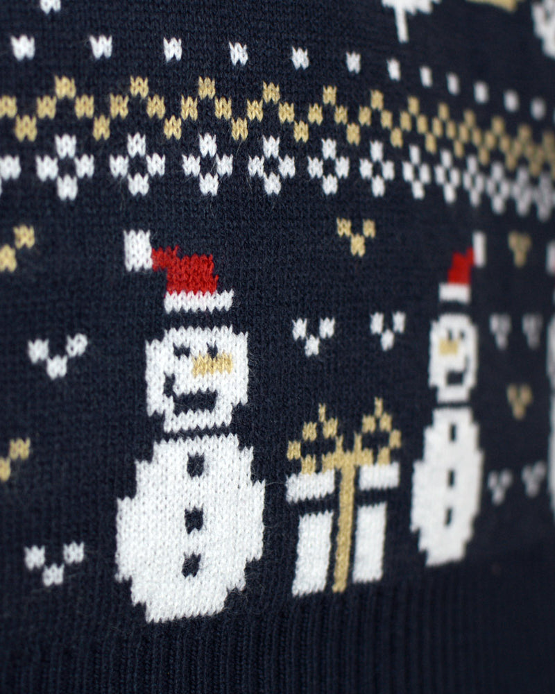 Mens Christmas Jumper with Snowmen and Trees Blue