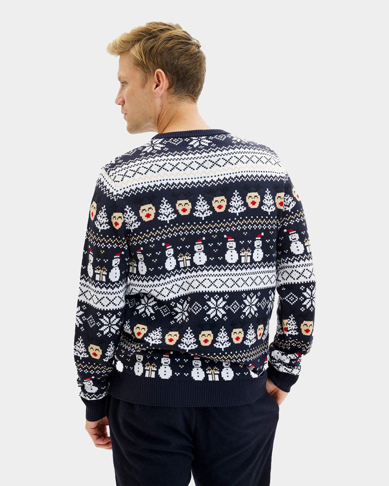 Blue Couple's Mens Christmas Jumper with Snowmen and Trees