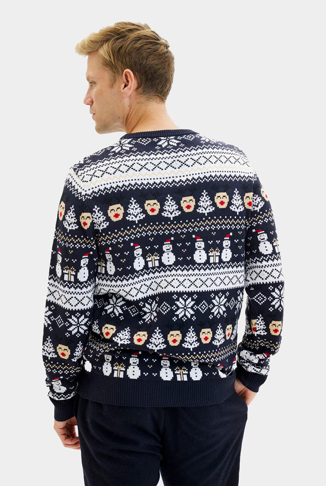 Blue Couple's Mens Christmas Jumper with Snowmen and Trees