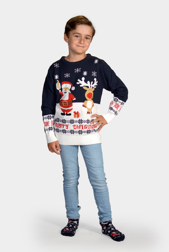 Blue Organic Cotton Boys Christmas Jumper Santa Rudolph