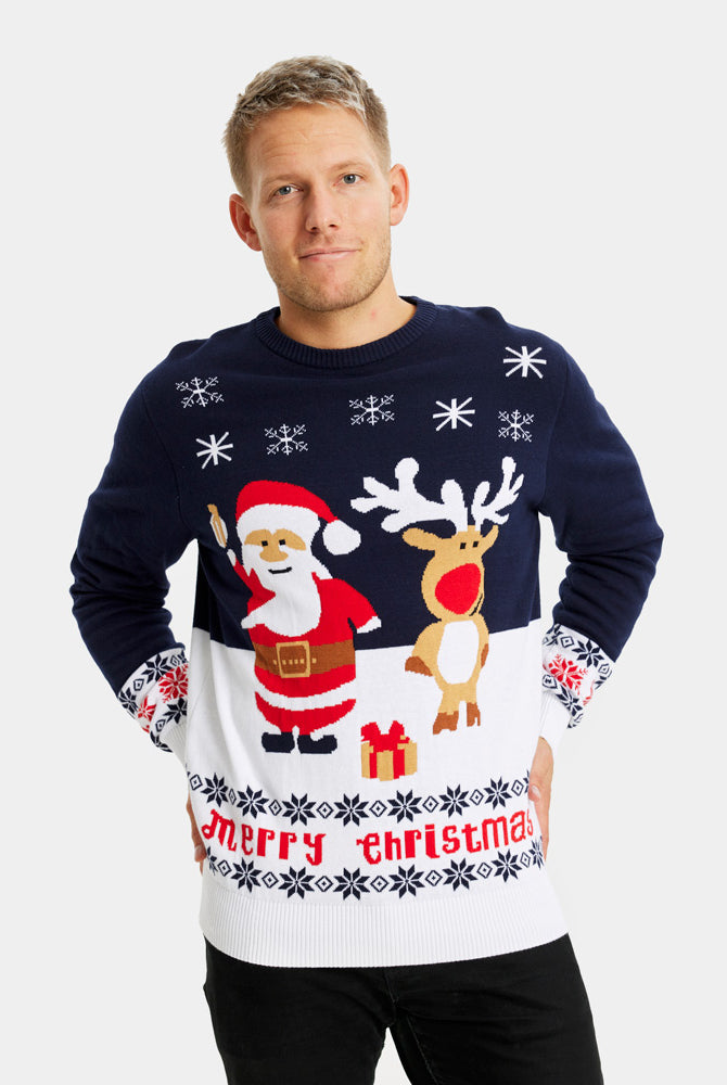 Mens Blue Organic Cotton Couple's Christmas Jumper with Santa and Rudolph