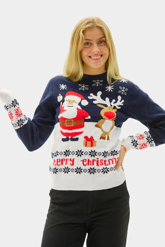 Blue Organic Cotton Couple's Christmas Jumper with Santa and Rudolph Womens
