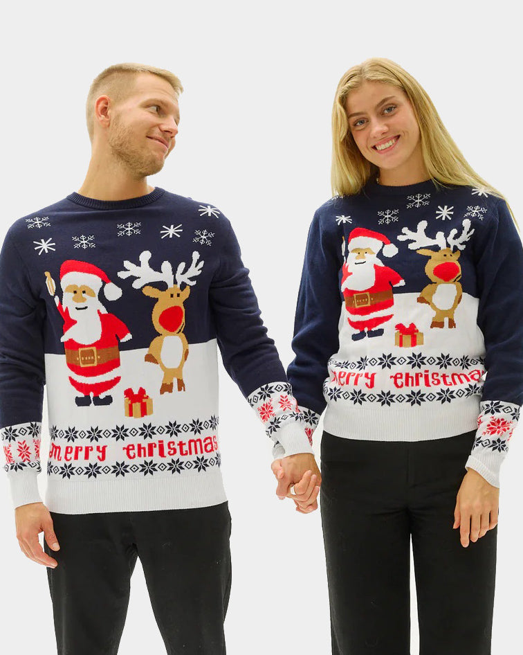 Womens Mens Blue Organic Cotton Family Christmas Jumper with Santa and Rudolph