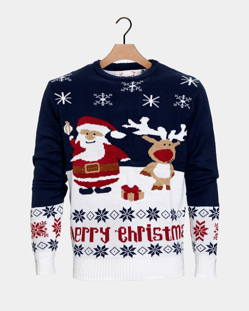 Blue Organic Cotton Family Christmas Jumper with Santa and Rudolph