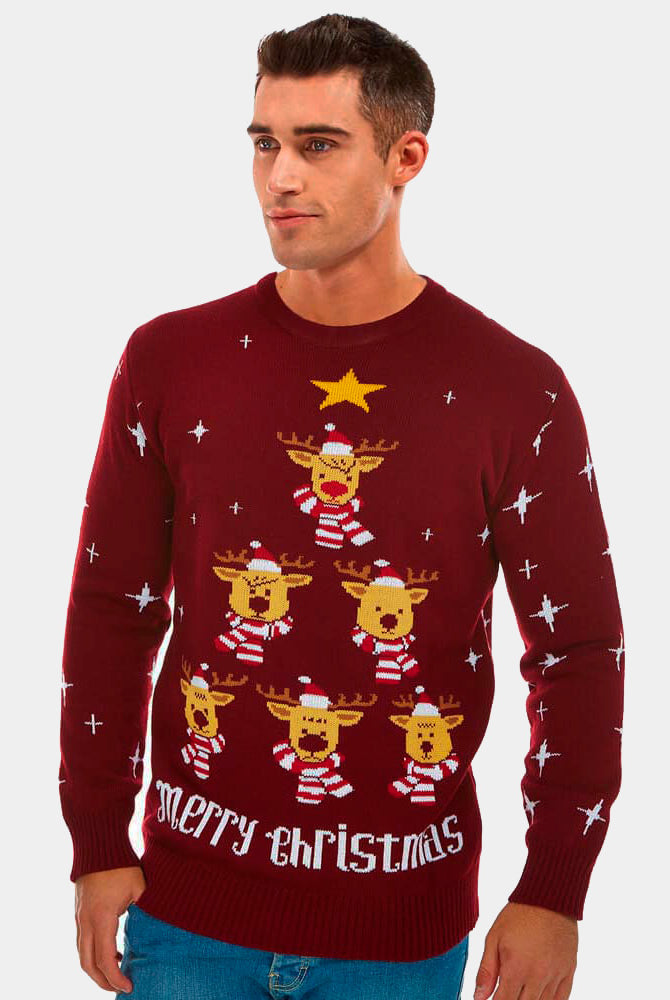 mens Burgundy Couple's Christmas Jumper with Reindeers, Christmas Tree and Star