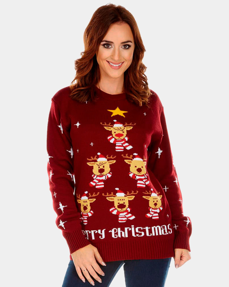 Burgundy Couple's Christmas Jumper with Reindeers, Christmas Tree and Star womens