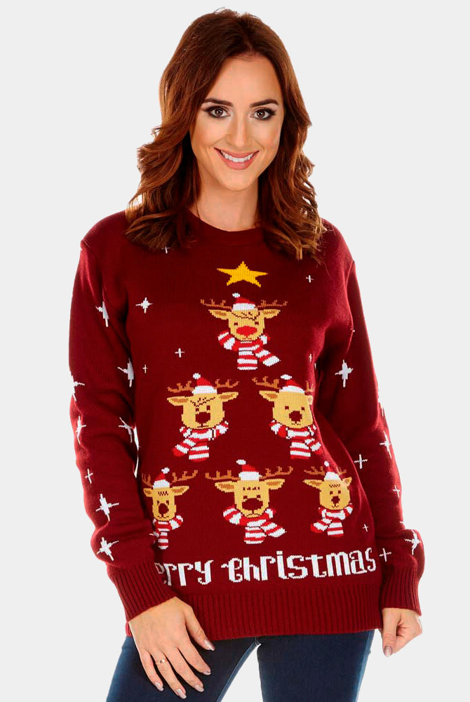 Burgundy Couple's Christmas Jumper with Reindeers, Christmas Tree and Star womens