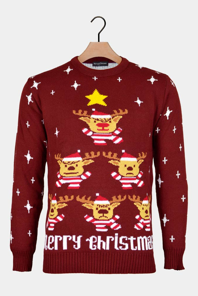 Burgundy Couple's Christmas Jumper with Reindeers, Christmas Tree and Star