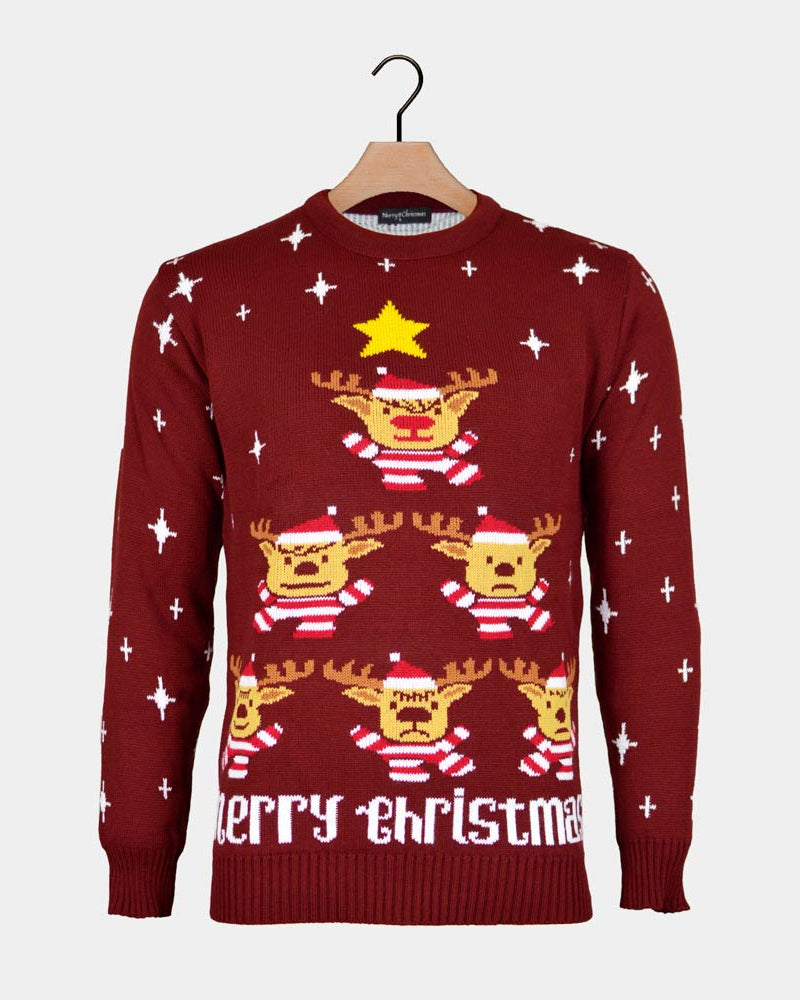Burgundy Men's Christmas Jumper with Reindeers, Christmas Tree and Star