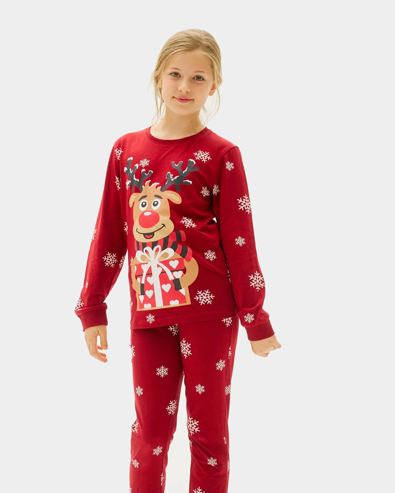 Red Christmas Pyjama Children Family with Rudolph the Reindeer