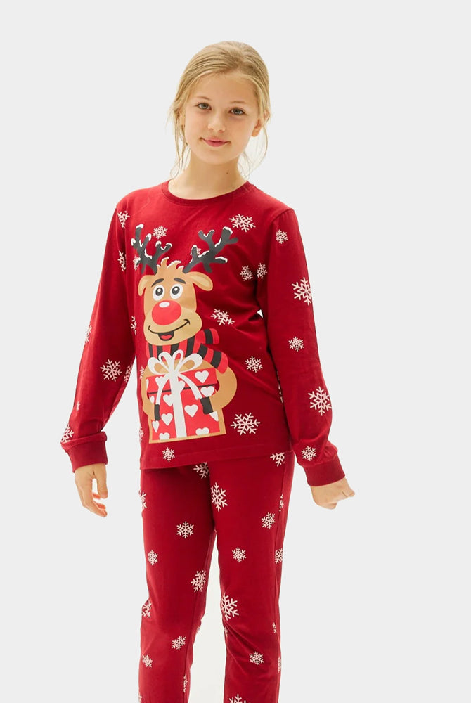 Red Christmas Pyjama Children Family with Rudolph the Reindeer