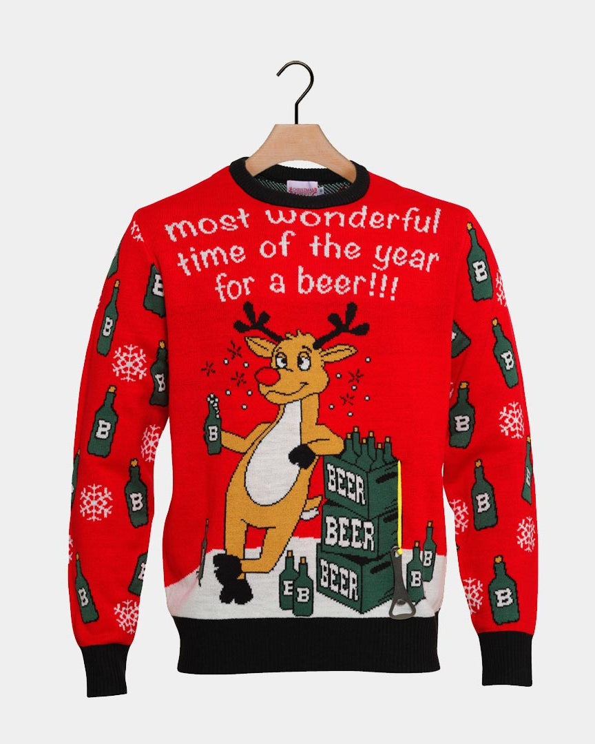 Men's Christmas Jumper with Reindeer Beer Opener
