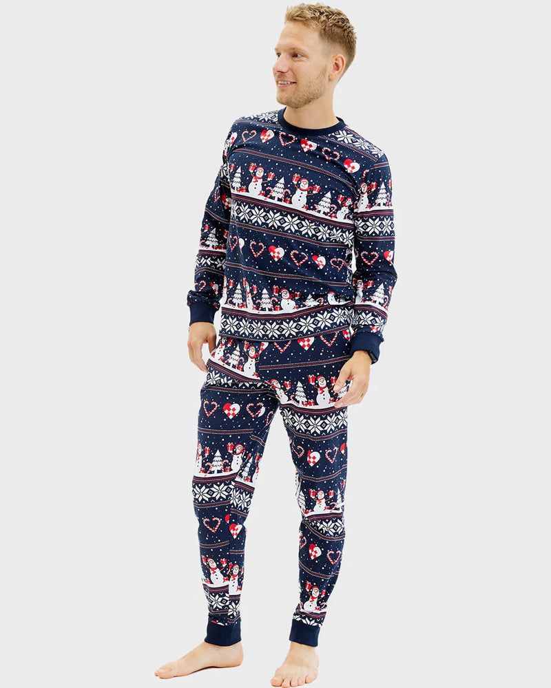 Christmas Pyjama for  Men Snowmen and Hearts Blue