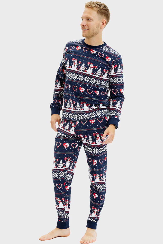 Christmas Pyjama for Men Snowmen and Hearts Blue