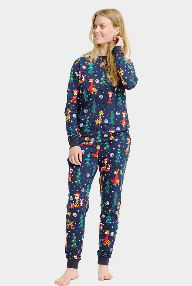 Christmas Pyjama for Women with Giraffes Blue