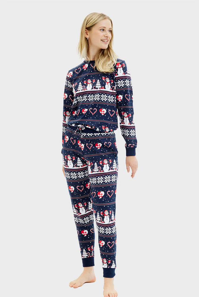 Christmas Pyjama for Women Snowmen and Hearts Blue