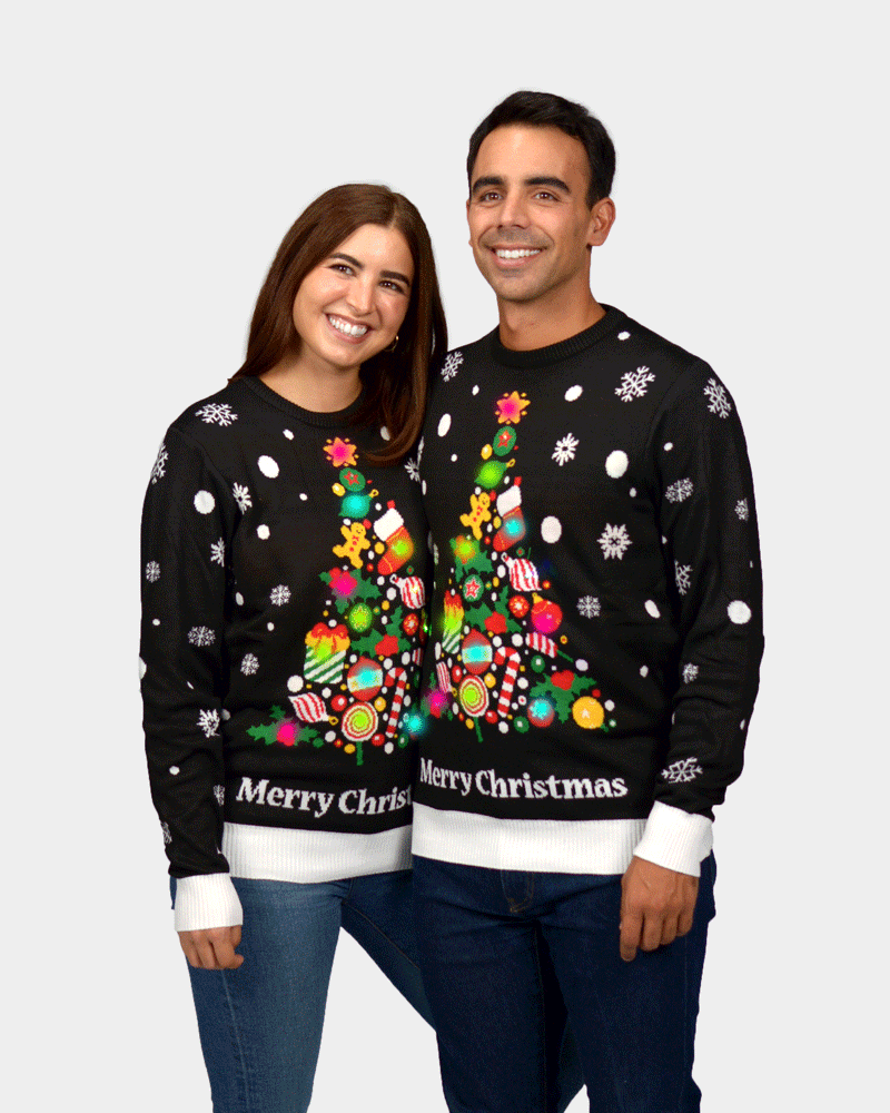 Christmas Tree LED light-up Women's Black Christmas Jumper Men