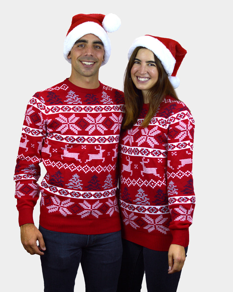 Classic Red Christmas Jumper with Polar Stars Couple