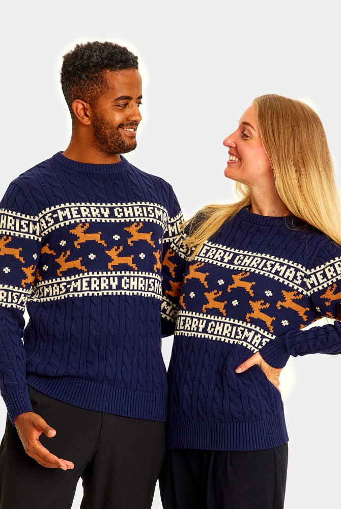 Classy Blue Organic Cotton Couple's Christmas Jumper with Reindeers