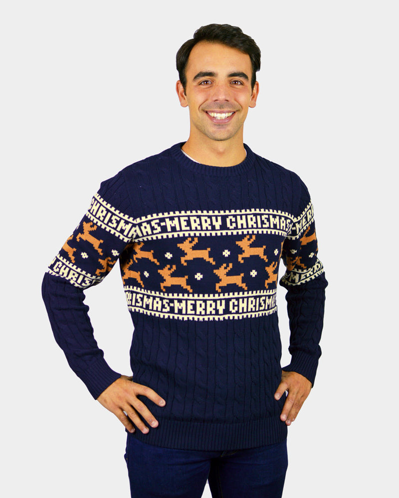 Classy Blue Organic Cotton Couple's Christmas Jumper with Reindeers mens