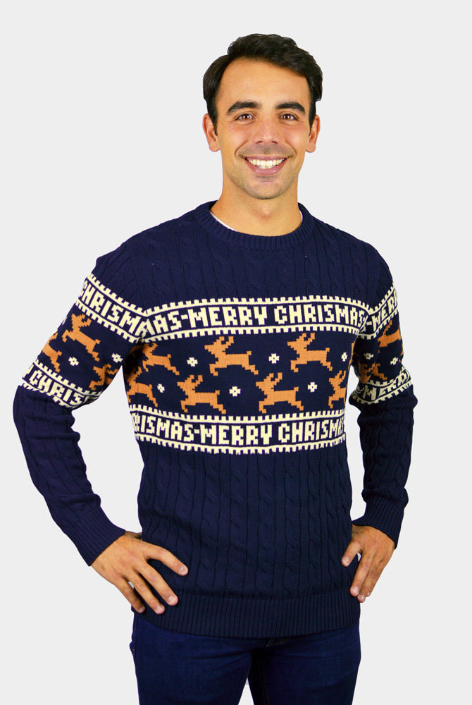 Classy Blue Organic Cotton Couple's Christmas Jumper with Reindeers mens