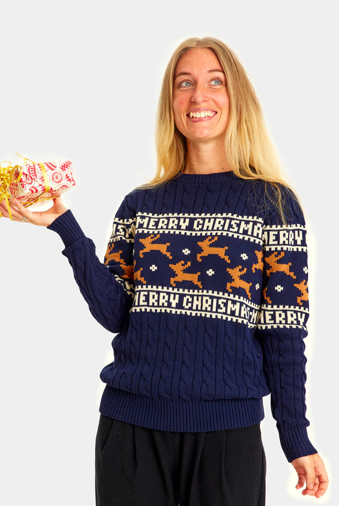 Classy Blue Organic Cotton Couple's Christmas Jumper with Reindeers womens