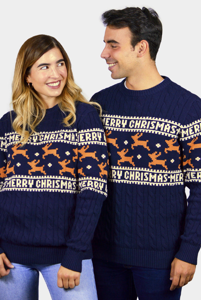 Classy Blue Organic Cotton Couple's Christmas Jumper Reindeers