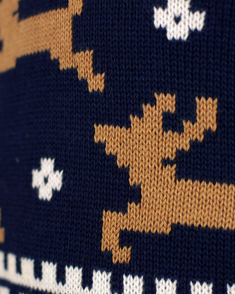 Classy Blue Organic Cotton Men's Christmas Jumper with Reindeers detail