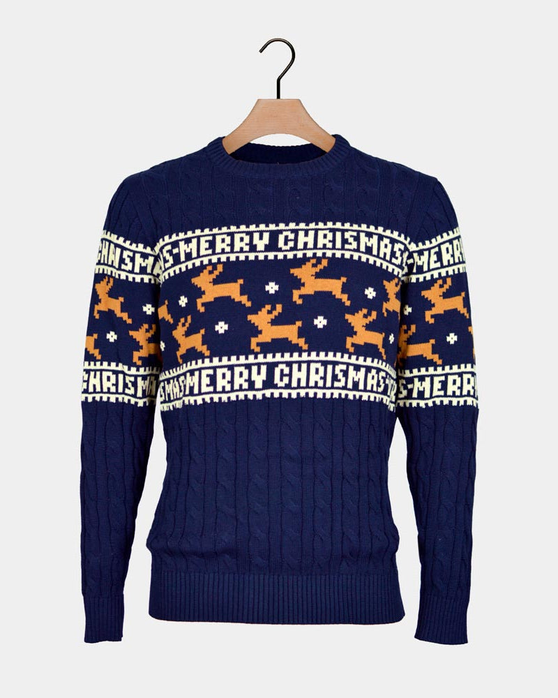 Classy Blue Organic Cotton Men's Christmas Jumper with Reindeers